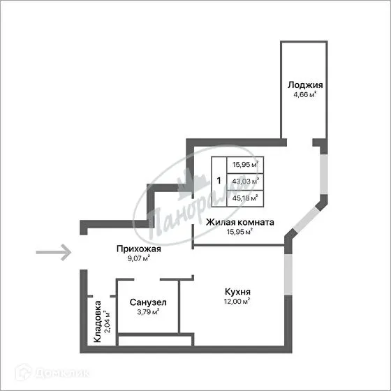 Планировка 1-комнатной квартиры 45.18 м² в ЖК Орбита, г. Калуга — фото 1
