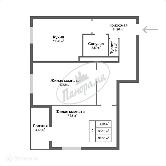 Планировка 2-комнатной квартиры 68.1 м² в ЖК Орбита, г. Калуга — фото 1