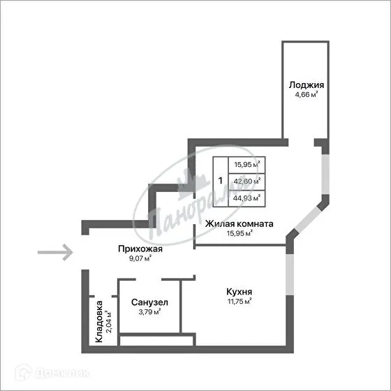 Планировка 1-комнатной квартиры 44.93 м² в ЖК Орбита, г. Калуга — фото 1