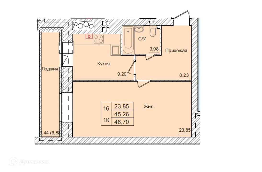 Планировка 1-комнатной квартиры 48.7 м² в ЖК АКАДЕМИЧЕСКИЙ, г. Калуга — фото 1