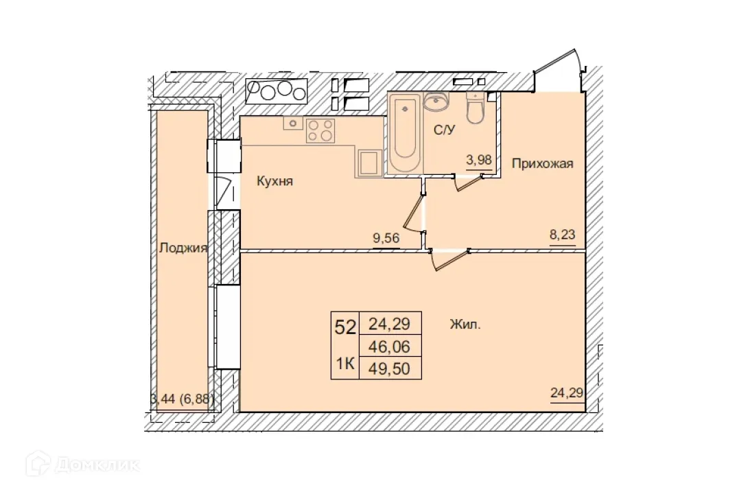 Планировка 1-комнатной квартиры 49.5 м² в ЖК АКАДЕМИЧЕСКИЙ, г. Калуга — фото 1