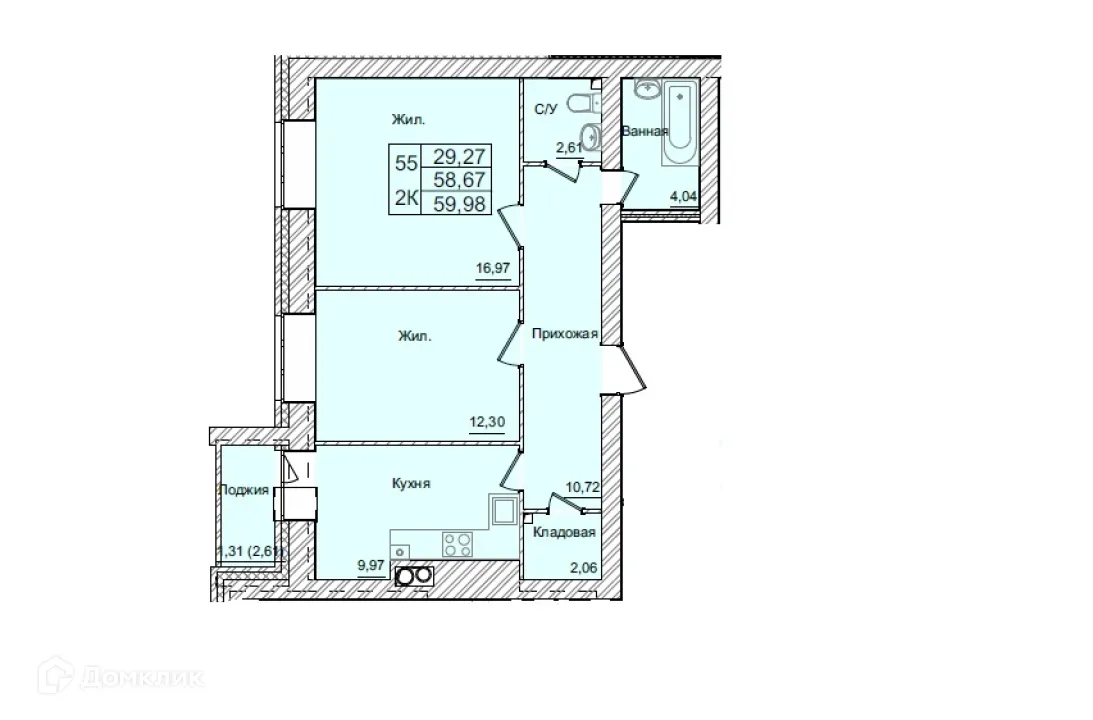 Планировка 2-комнатной квартиры 59.98 м² в ЖК АКАДЕМИЧЕСКИЙ, г. Калуга — фото 1