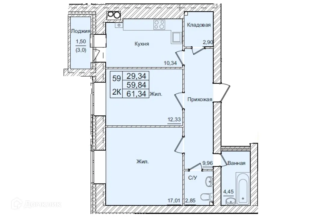 Планировка 2-комнатной квартиры 61.34 м² в ЖК АКАДЕМИЧЕСКИЙ, г. Калуга — фото 1