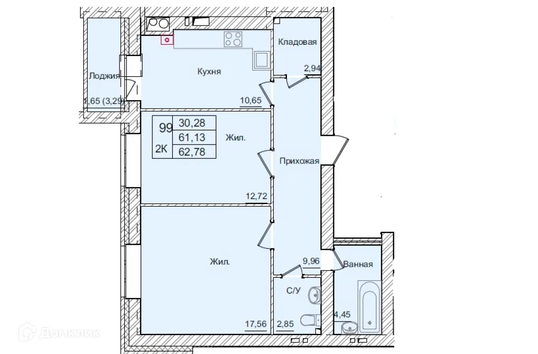 Планировка 2-комнатной квартиры 62.78 м² в ЖК АКАДЕМИЧЕСКИЙ, г. Калуга — фото 1
