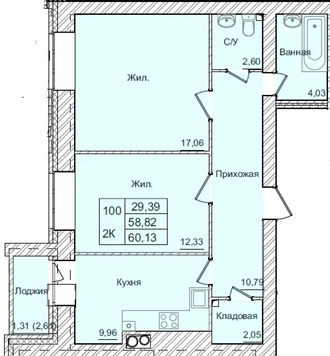 Планировка 2-комнатной квартиры 60.13 м² в ЖК АКАДЕМИЧЕСКИЙ, г. Калуга — фото 1