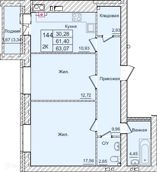 Планировка 2-комнатной квартиры 63.07 м² в ЖК АКАДЕМИЧЕСКИЙ, г. Калуга — фото 1