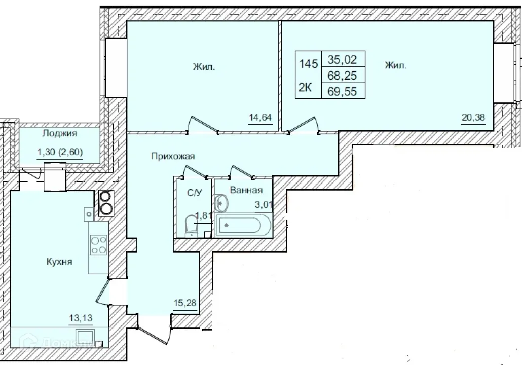 Планировка 2-комнатной квартиры 69.55 м² в ЖК АКАДЕМИЧЕСКИЙ, г. Калуга — фото 1