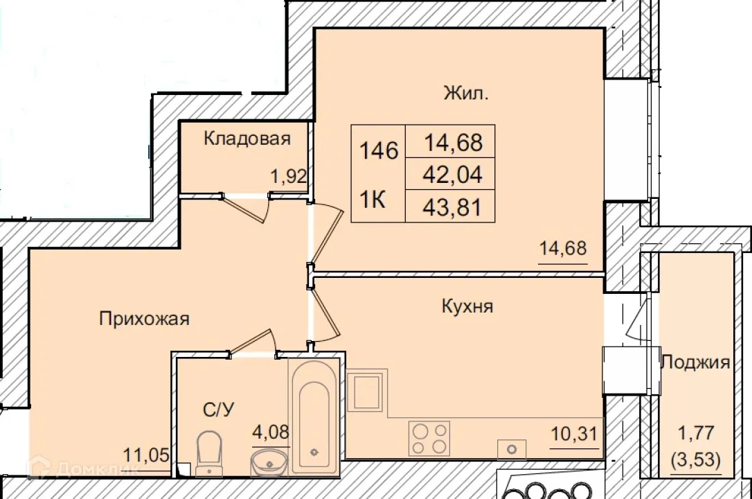 Планировка 1-комнатной квартиры 43.81 м² в ЖК АКАДЕМИЧЕСКИЙ, г. Калуга — фото 1