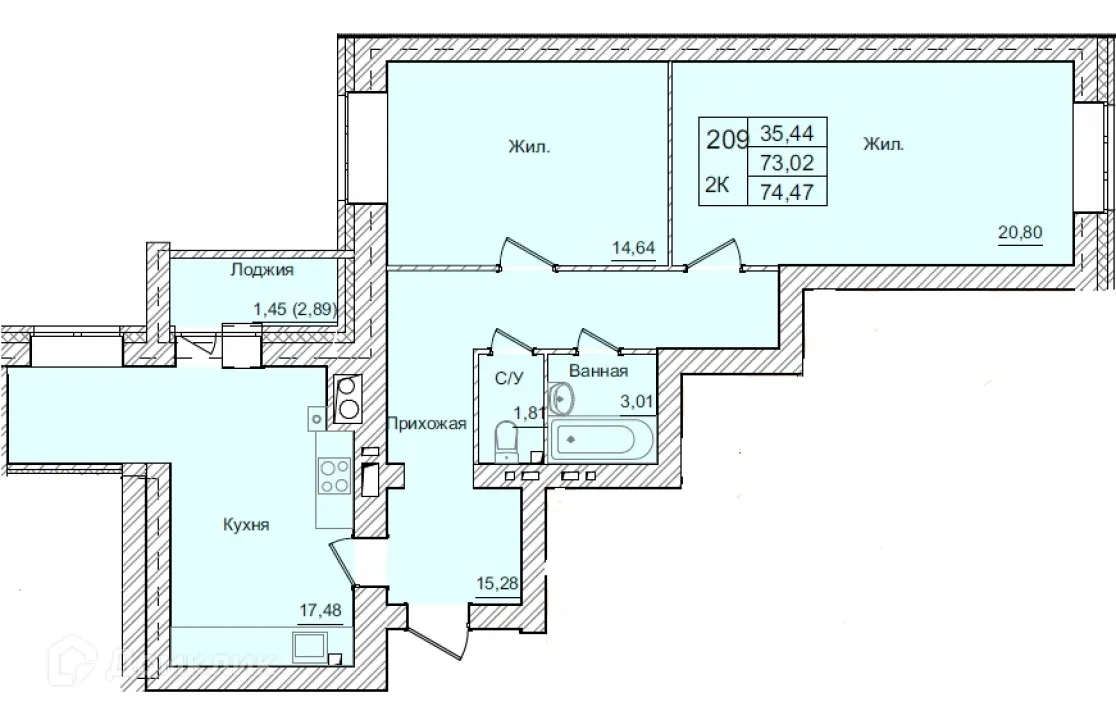 Планировка 2-комнатной квартиры 74.47 м² в ЖК АКАДЕМИЧЕСКИЙ, г. Калуга — фото 1