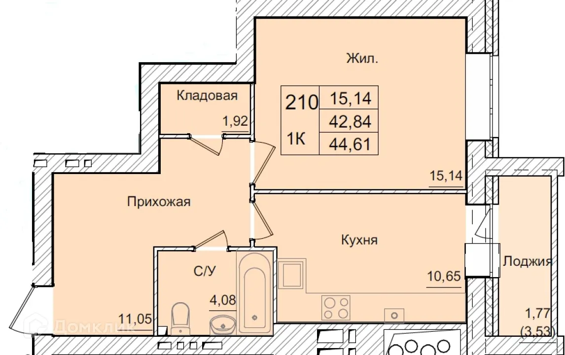 Планировка 1-комнатной квартиры 44.61 м² в ЖК АКАДЕМИЧЕСКИЙ, г. Калуга — фото 1