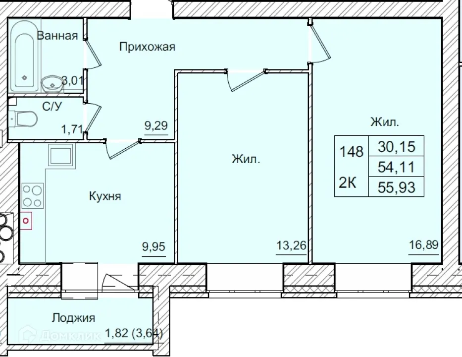 Планировка 2-комнатной квартиры 55.93 м² в ЖК АКАДЕМИЧЕСКИЙ, г. Калуга — фото 1