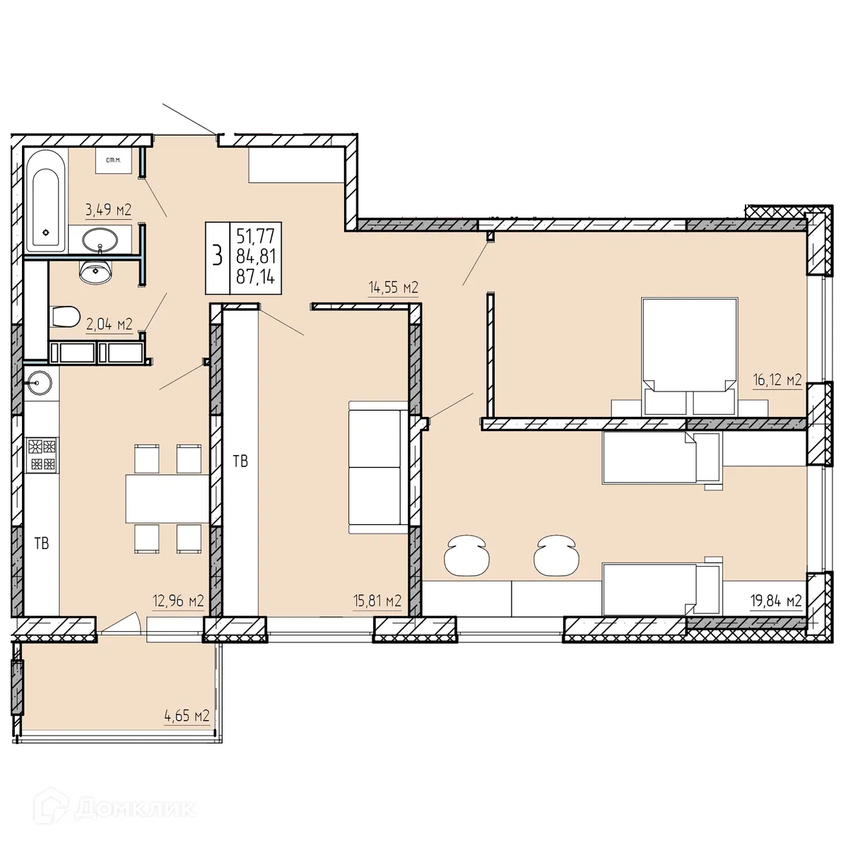 Планировка 3-комнатной квартиры 87.14 м² в ЖК "Поле Свободы", г. Калуга — фото 1