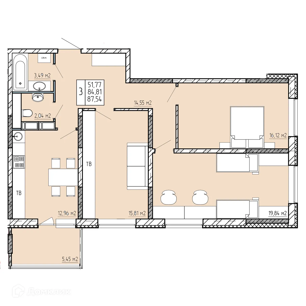 Планировка 3-комнатной квартиры 87.54 м² в ЖК "Поле Свободы", г. Калуга — фото 1