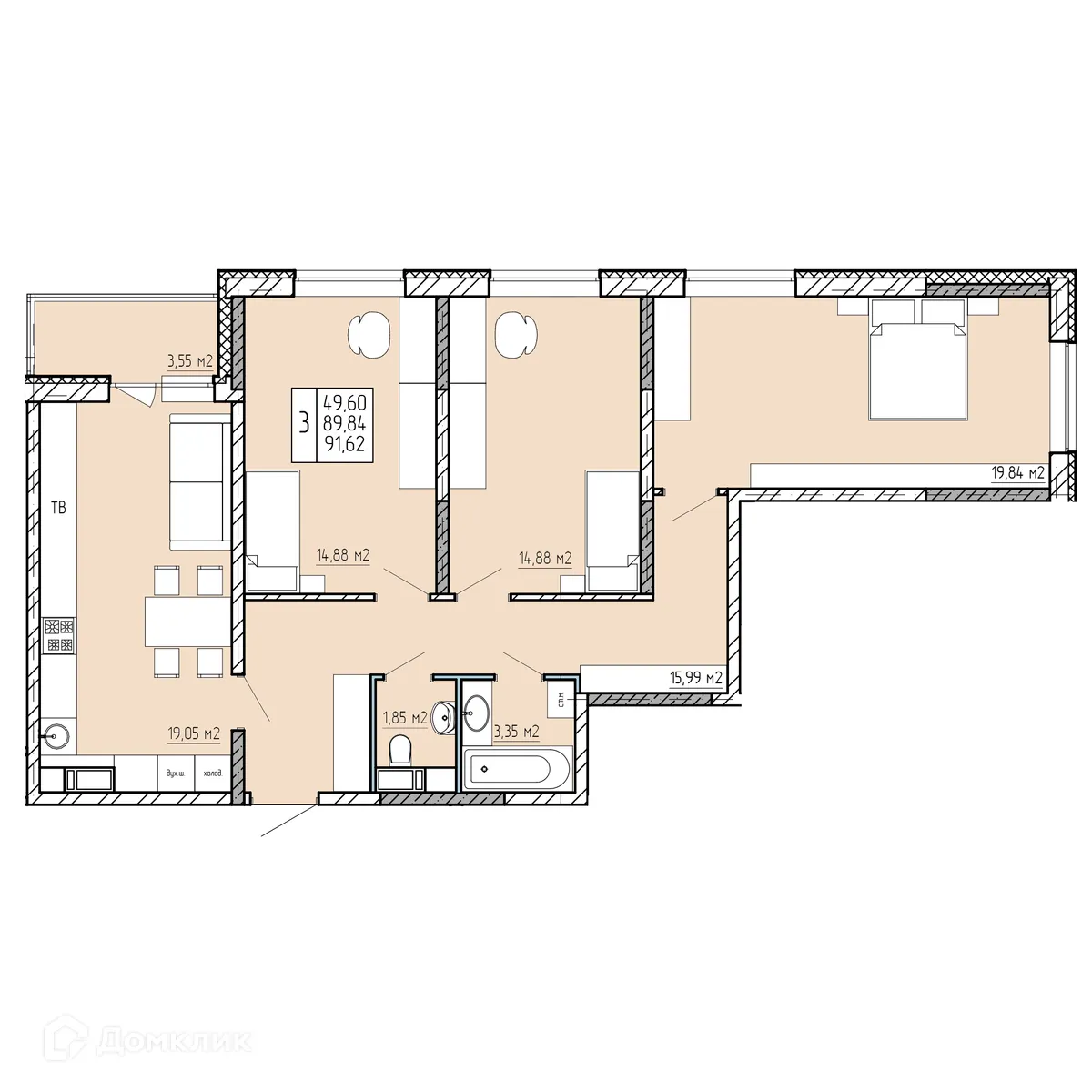 Планировка 3-комнатной квартиры 91.62 м² в ЖК "Поле Свободы", г. Калуга — фото 1