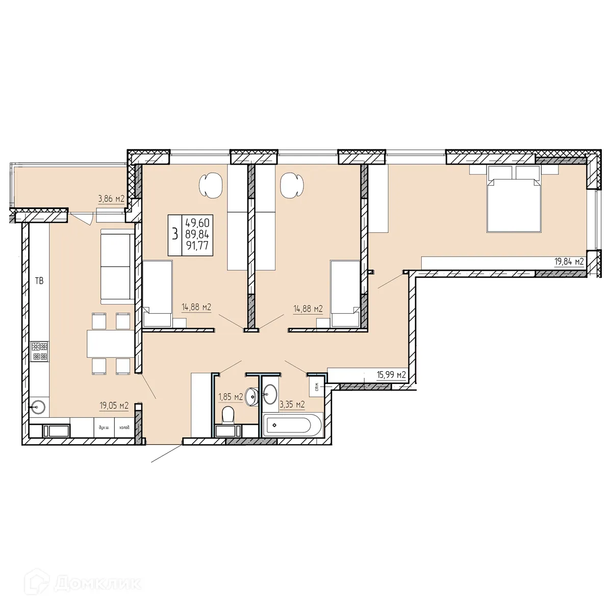 Планировка 3-комнатной квартиры 91.77 м² в ЖК "Поле Свободы", г. Калуга — фото 1