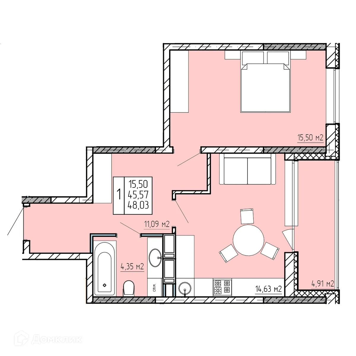 Планировка 1-комнатной квартиры 48.03 м² в ЖК "Поле Свободы", г. Калуга — фото 1
