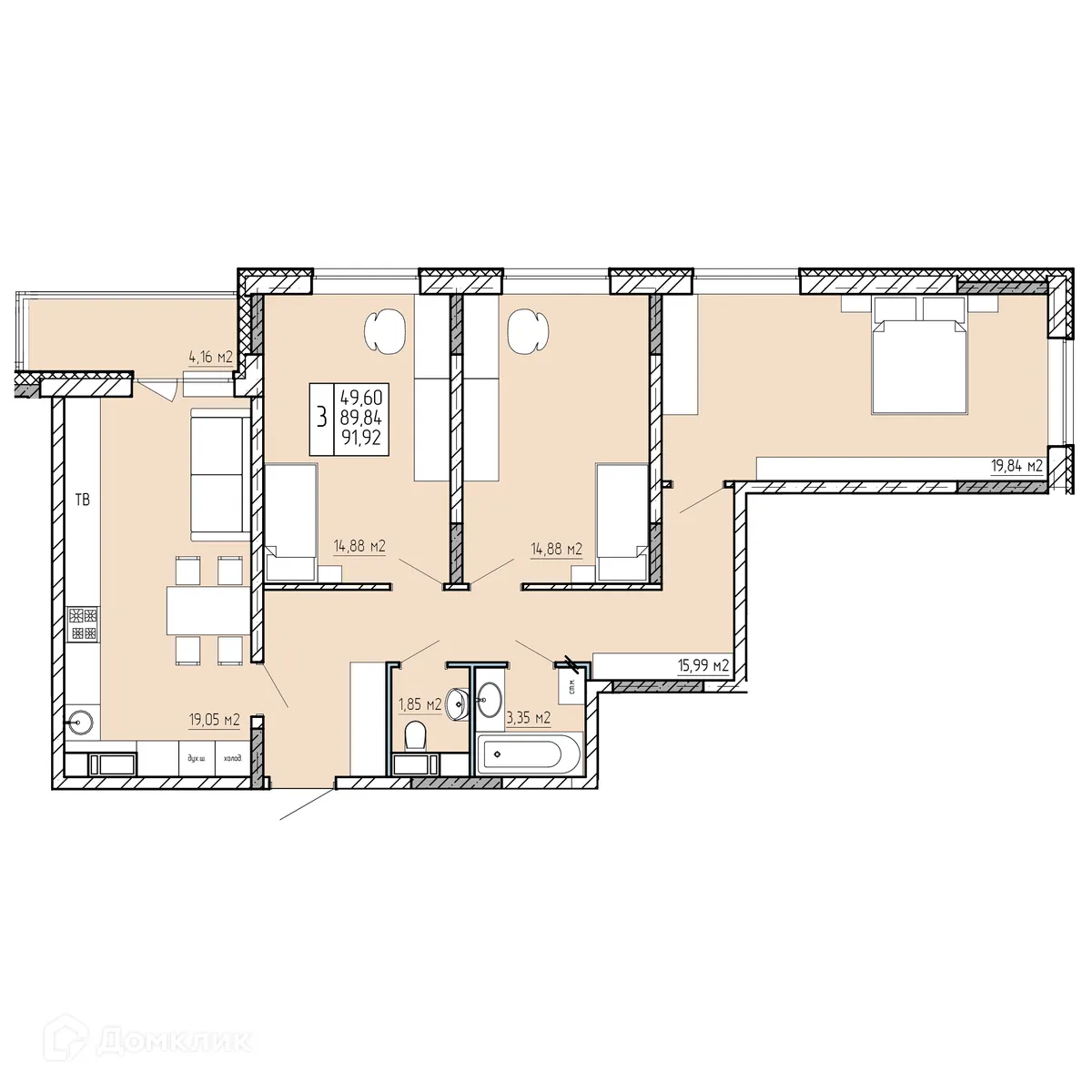 Планировка 3-комнатной квартиры 91.92 м² в ЖК "Поле Свободы", г. Калуга — фото 1