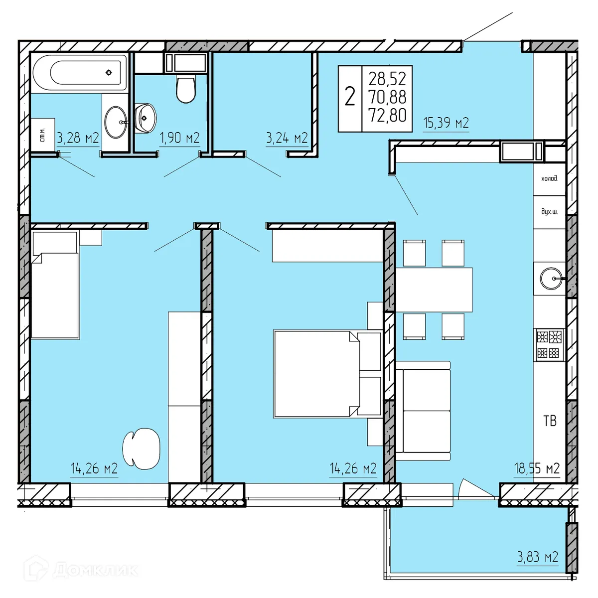 Планировка 2-комнатной квартиры 72.8 м² в ЖК "Поле Свободы", г. Калуга — фото 1