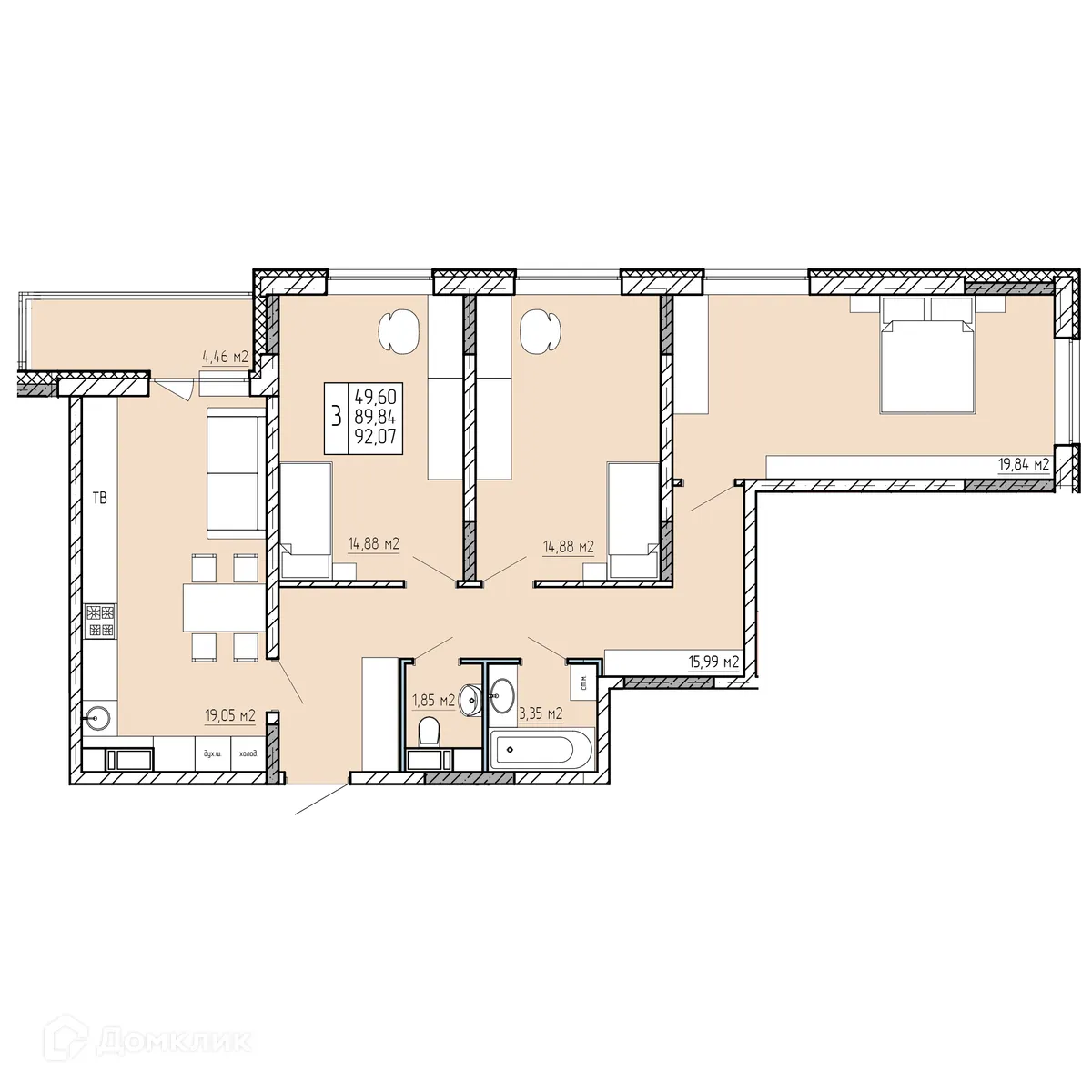 Планировка 3-комнатной квартиры 92.07 м² в ЖК "Поле Свободы", г. Калуга — фото 1
