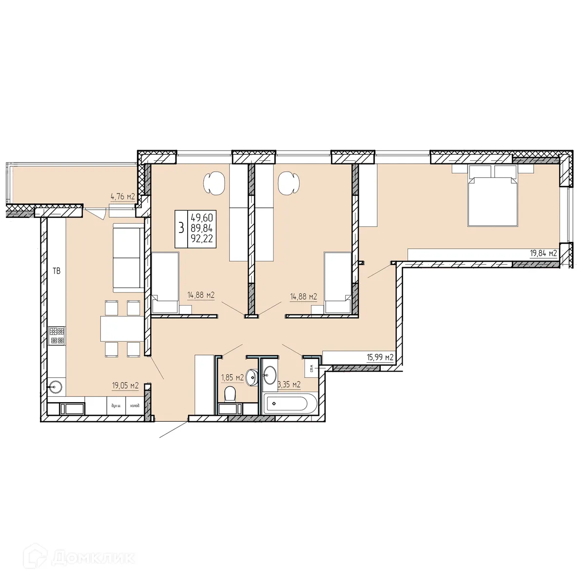 Планировка 3-комнатной квартиры 92.22 м² в ЖК "Поле Свободы", г. Калуга — фото 1