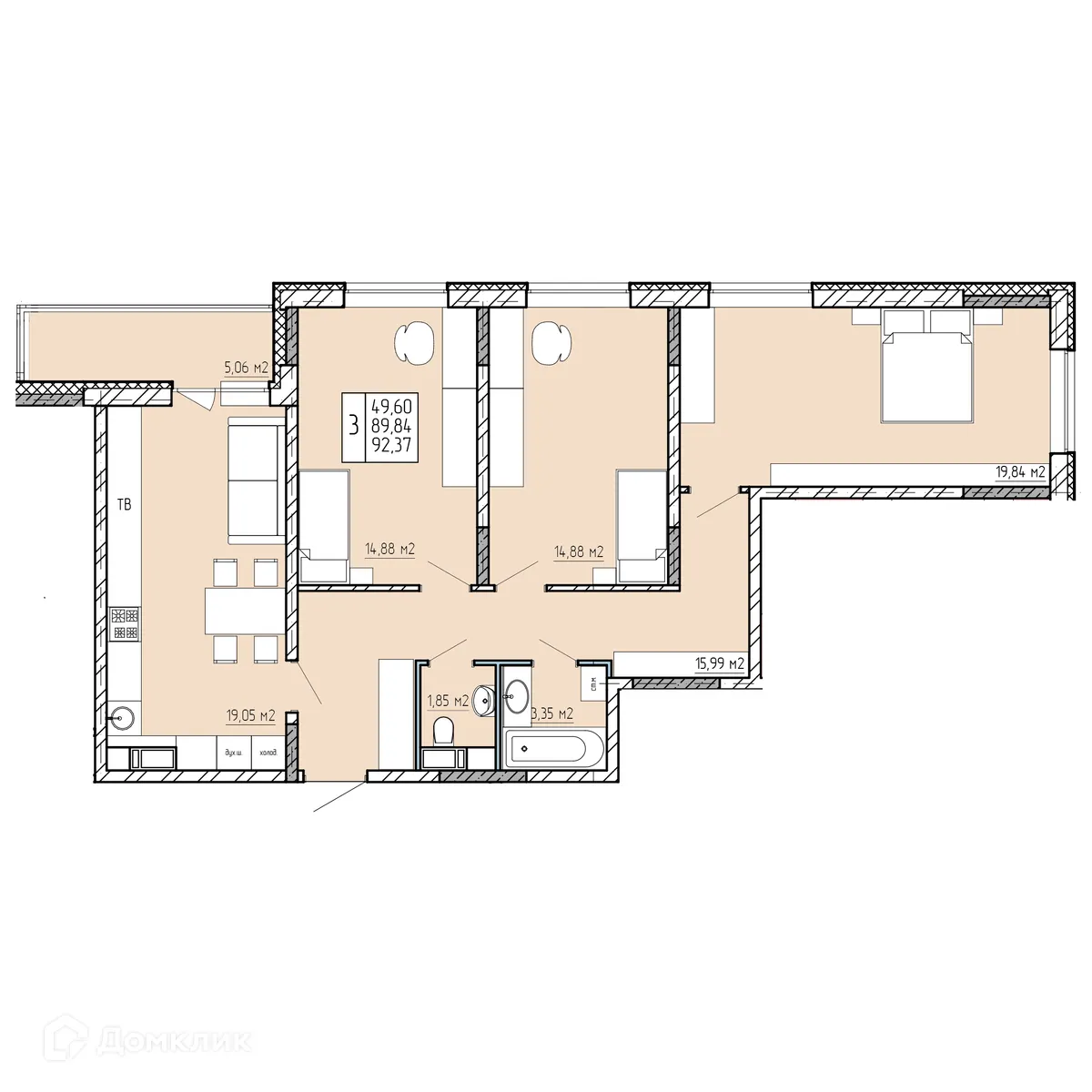 Планировка 3-комнатной квартиры 92.37 м² в ЖК "Поле Свободы", г. Калуга — фото 1