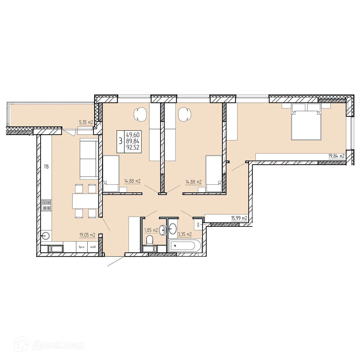 Планировка 3-комнатной квартиры 92.52 м² в ЖК "Поле Свободы", г. Калуга — фото 1