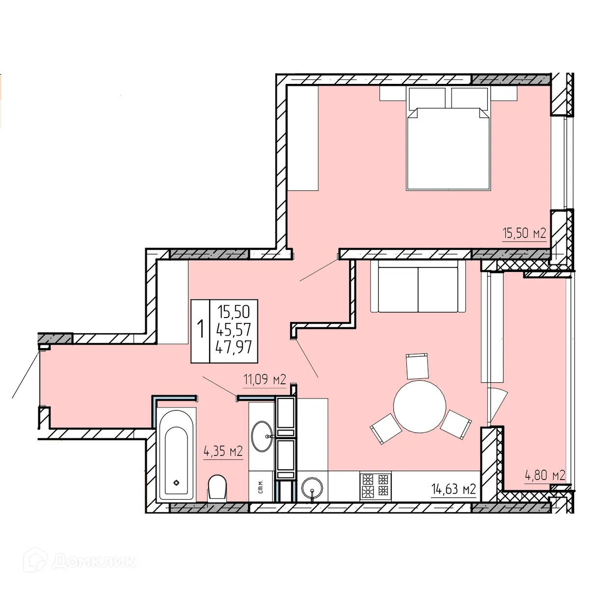 Планировка 1-комнатной квартиры 47.97 м² в ЖК "Поле Свободы", г. Калуга — фото 1