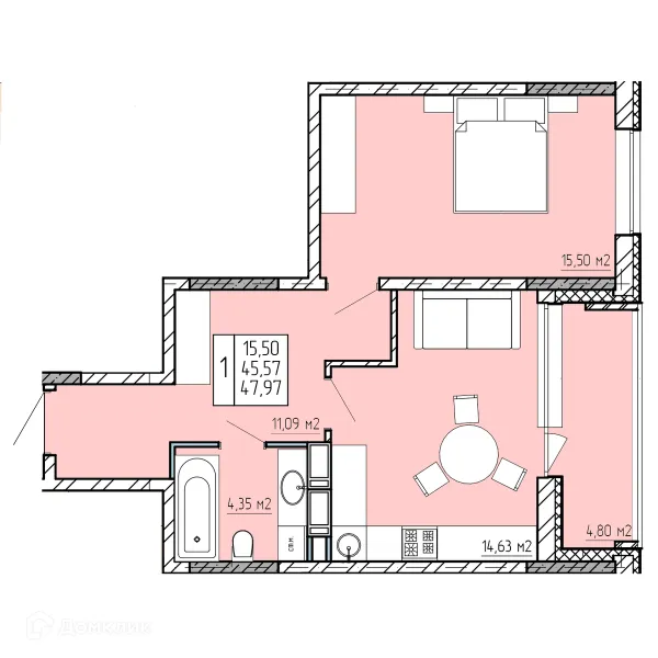 Планировка 1 комн. в ЖК "Поле Свободы"