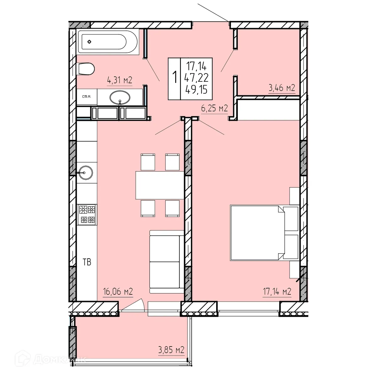 Планировка 1-комнатной квартиры 49.15 м² в ЖК "Поле Свободы", г. Калуга — фото 1