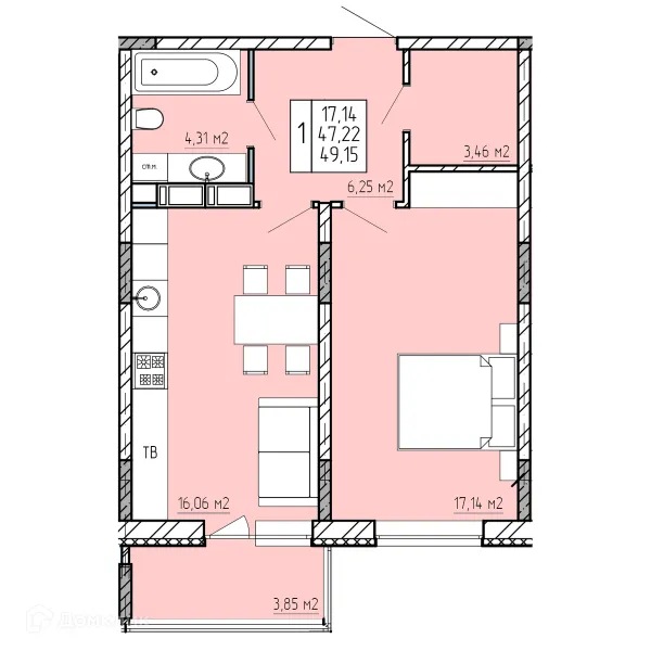 Планировка 1 комн. в ЖК "Поле Свободы"