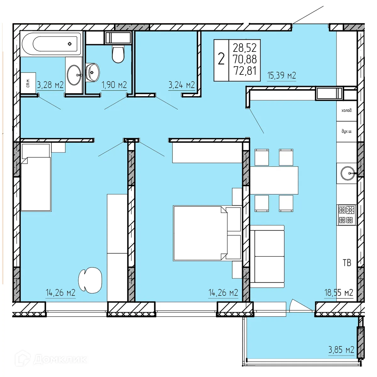 Планировка 2-комнатной квартиры 72.81 м² в ЖК "Поле Свободы", г. Калуга — фото 1