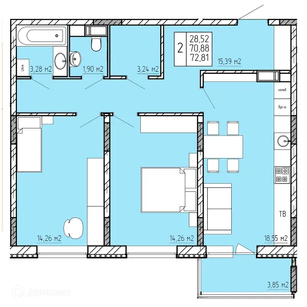 Планировка 2 комн. в ЖК "Поле Свободы"