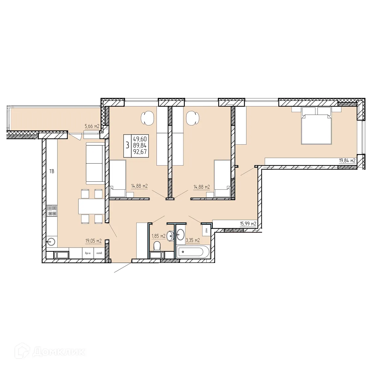 Планировка 3-комнатной квартиры 92.67 м² в ЖК "Поле Свободы", г. Калуга — фото 1