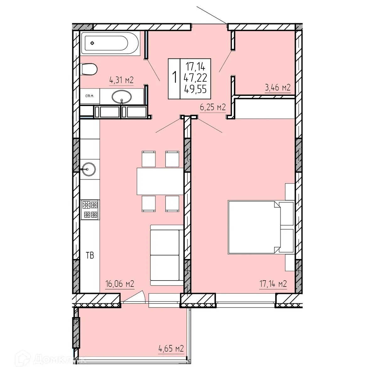 Планировка 1-комнатной квартиры 49.55 м² в ЖК "Поле Свободы", г. Калуга — фото 1