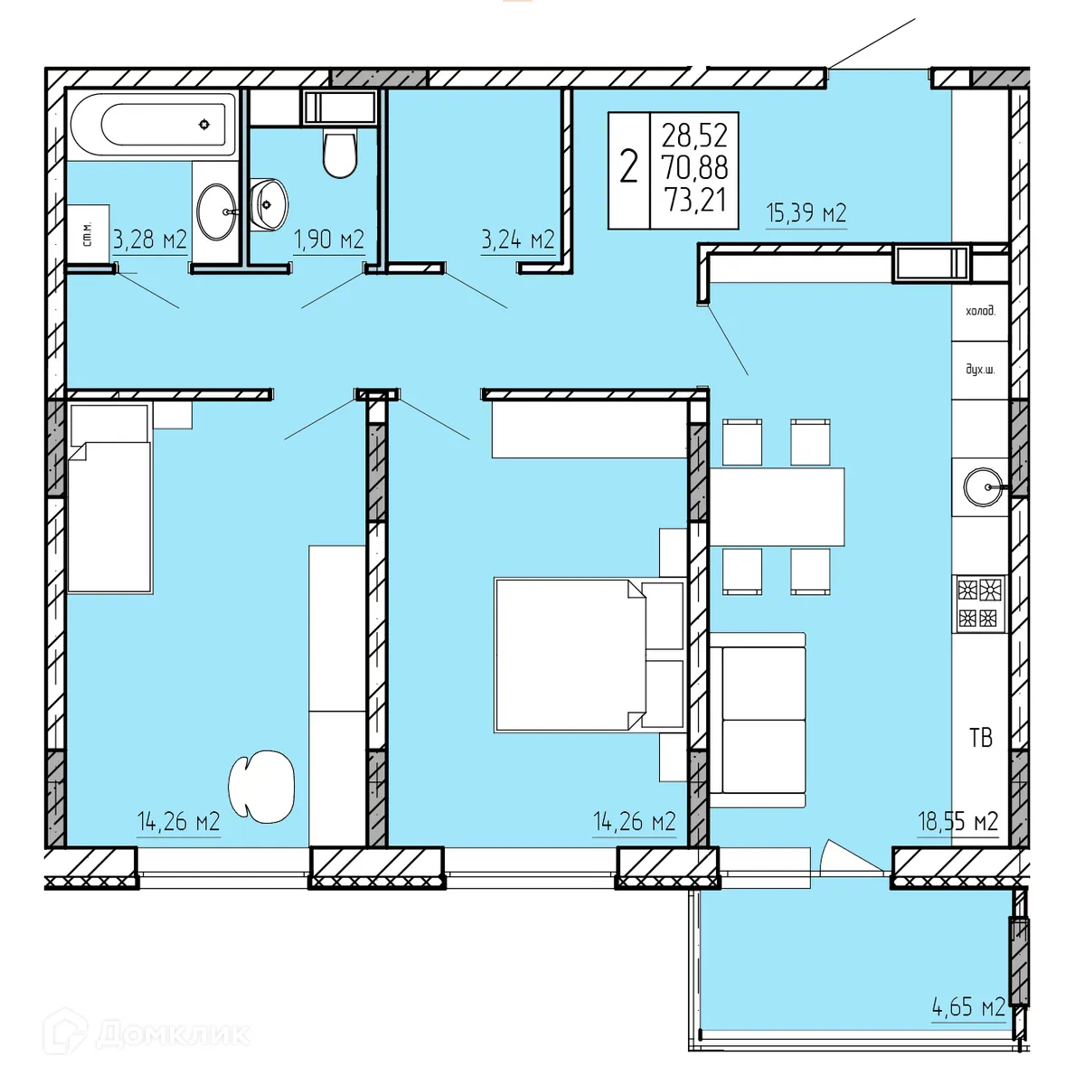 Планировка 2-комнатной квартиры 73.21 м² в ЖК "Поле Свободы", г. Калуга — фото 1