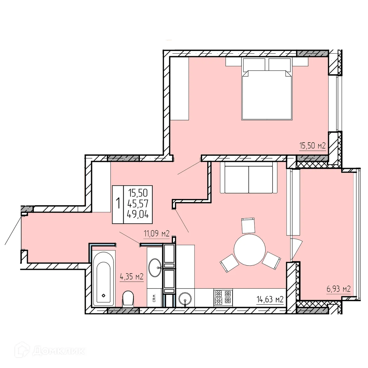 Планировка 1-комнатной квартиры 49.04 м² в ЖК "Поле Свободы", г. Калуга — фото 1