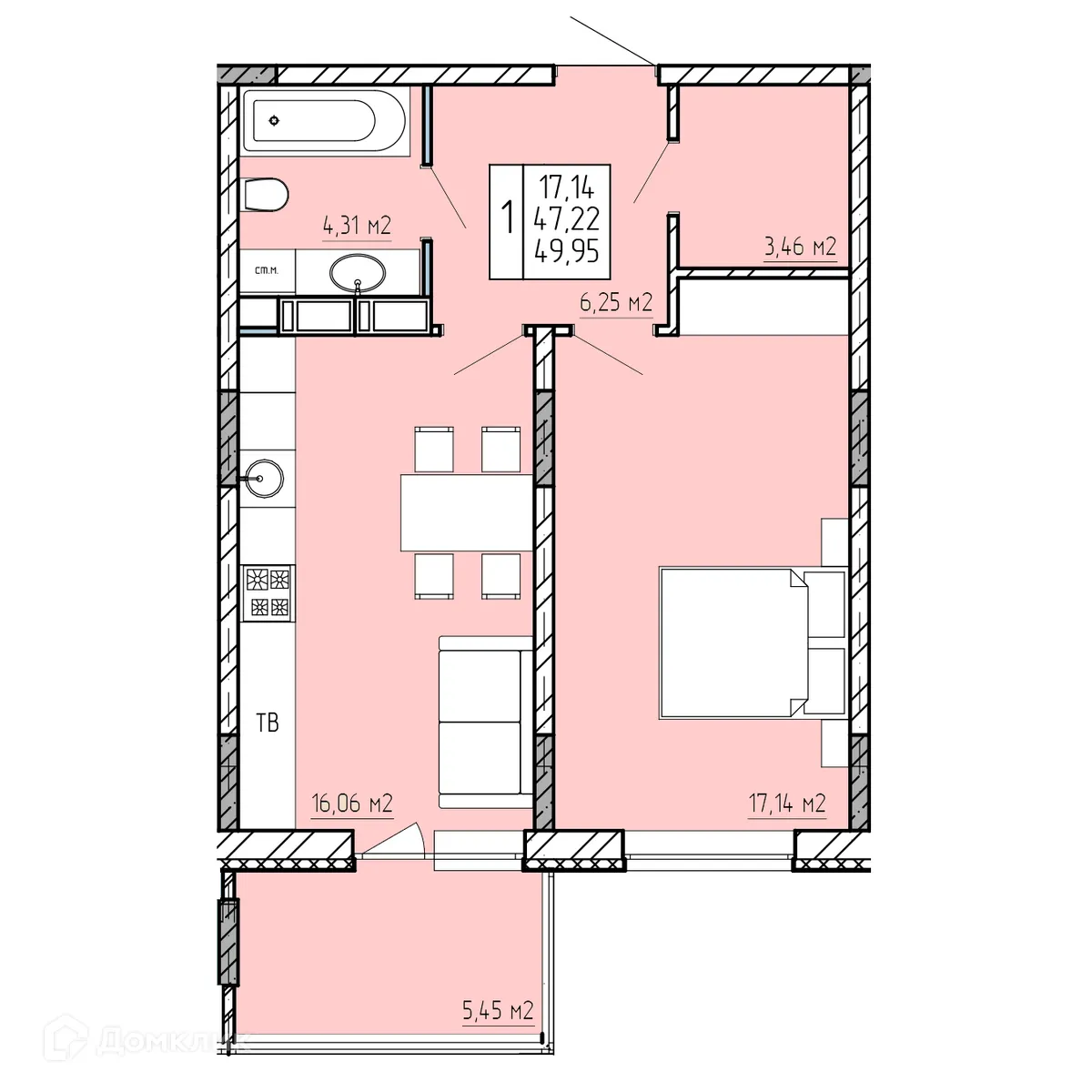 Планировка 1-комнатной квартиры 49.95 м² в ЖК "Поле Свободы", г. Калуга — фото 1