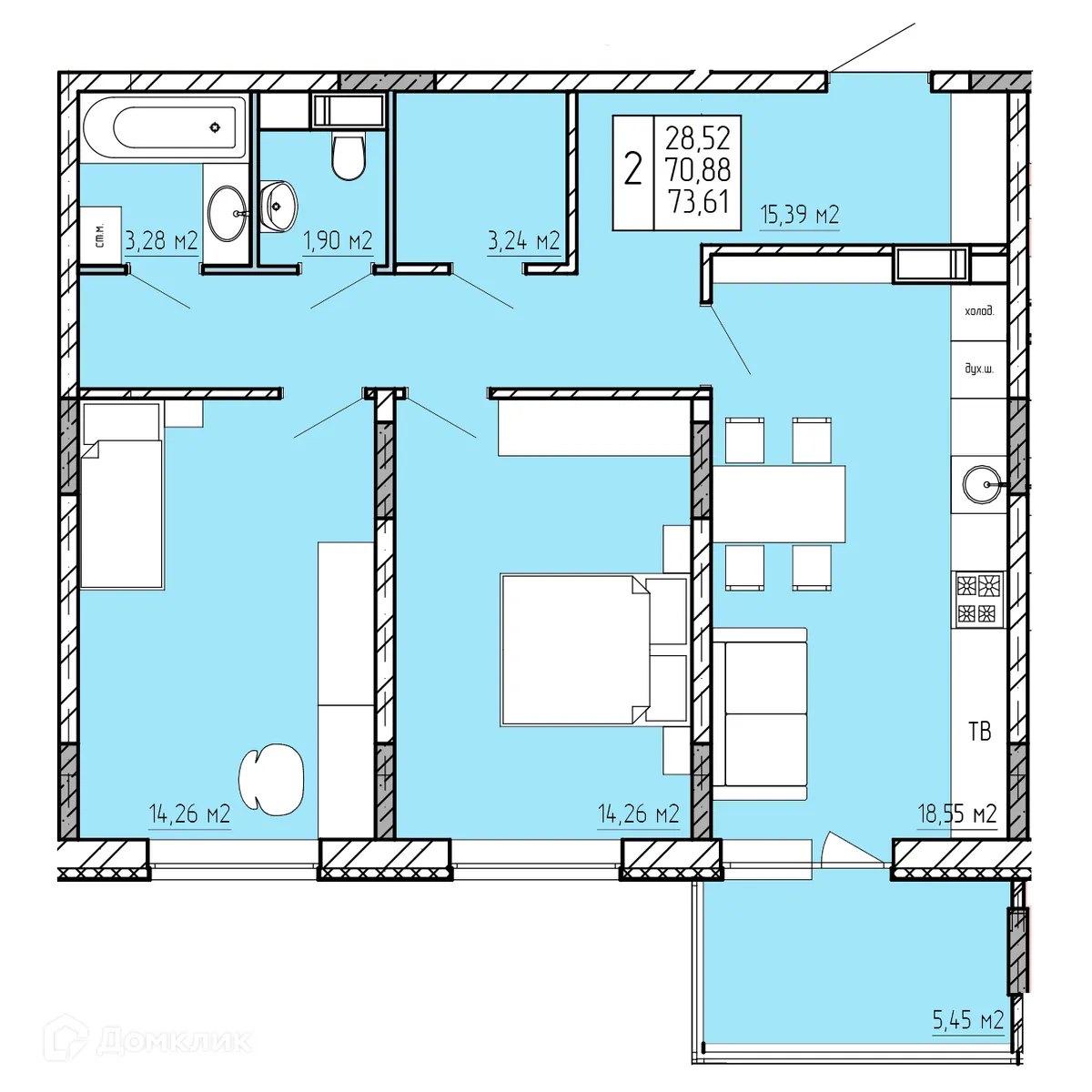 Планировка 2-комнатной квартиры 73.61 м² в ЖК "Поле Свободы", г. Калуга — фото 1