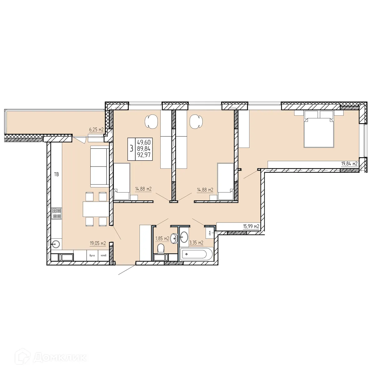Планировка 3-комнатной квартиры 92.97 м² в ЖК "Поле Свободы", г. Калуга — фото 1