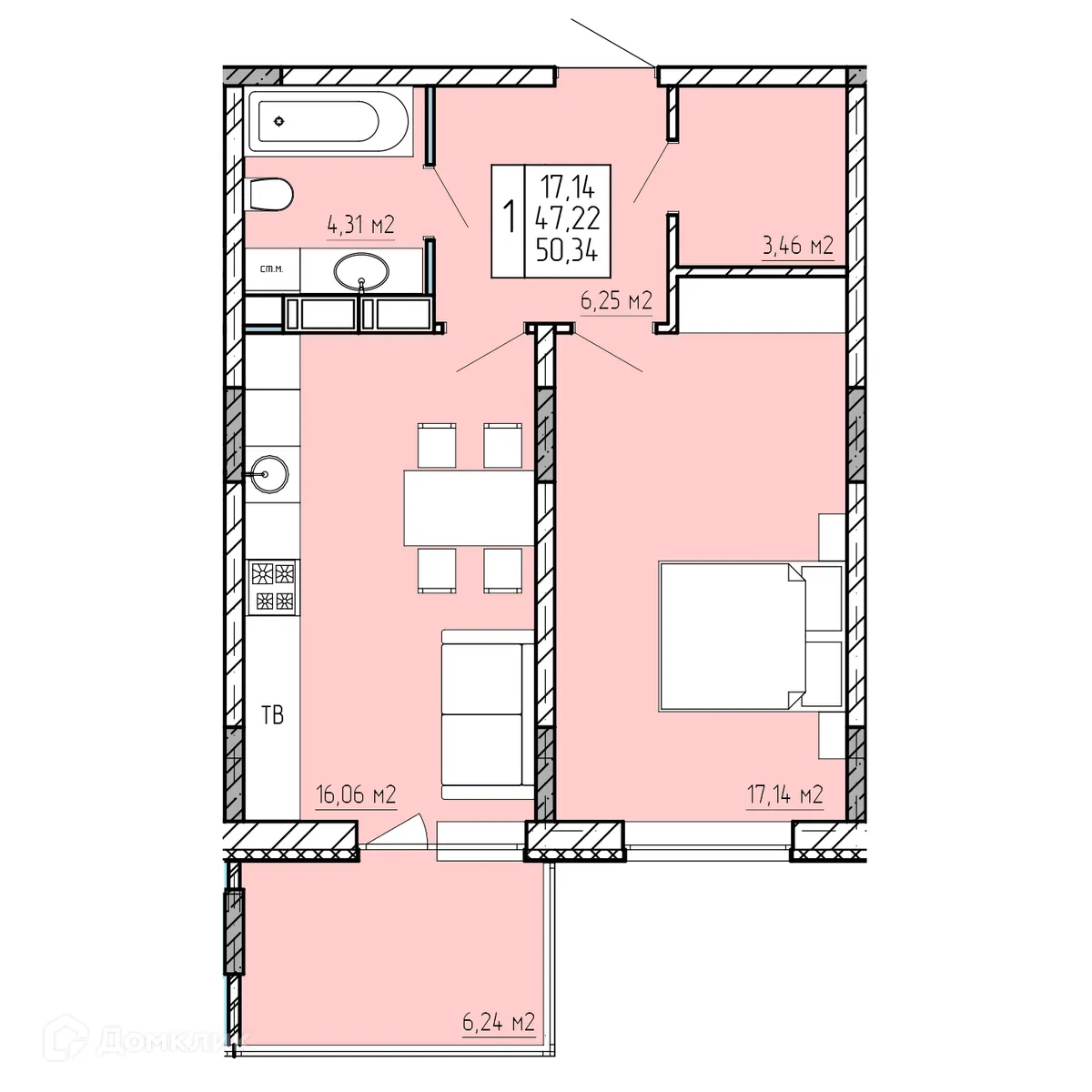 Планировка 1-комнатной квартиры 50.34 м² в ЖК "Поле Свободы", г. Калуга — фото 1