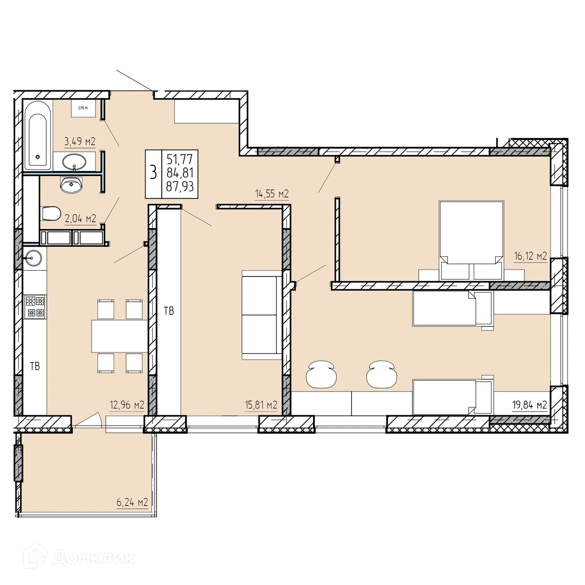 Планировка 3-комнатной квартиры 87.93 м² в ЖК "Поле Свободы", г. Калуга — фото 1