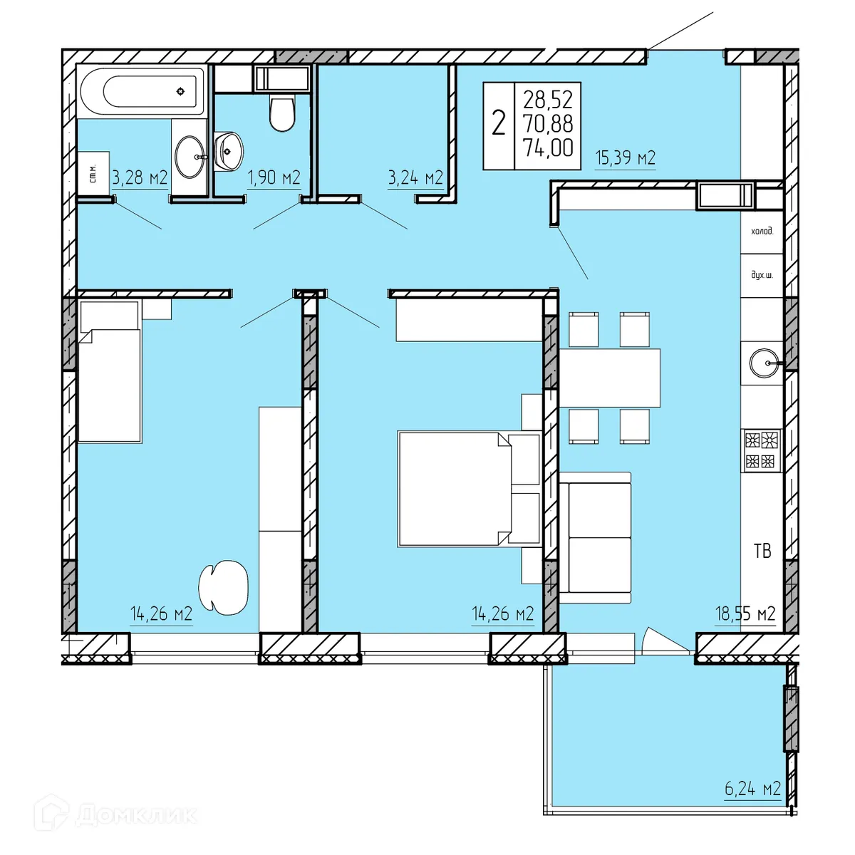 Планировка 2-комнатной квартиры 74 м² в ЖК "Поле Свободы", г. Калуга — фото 1