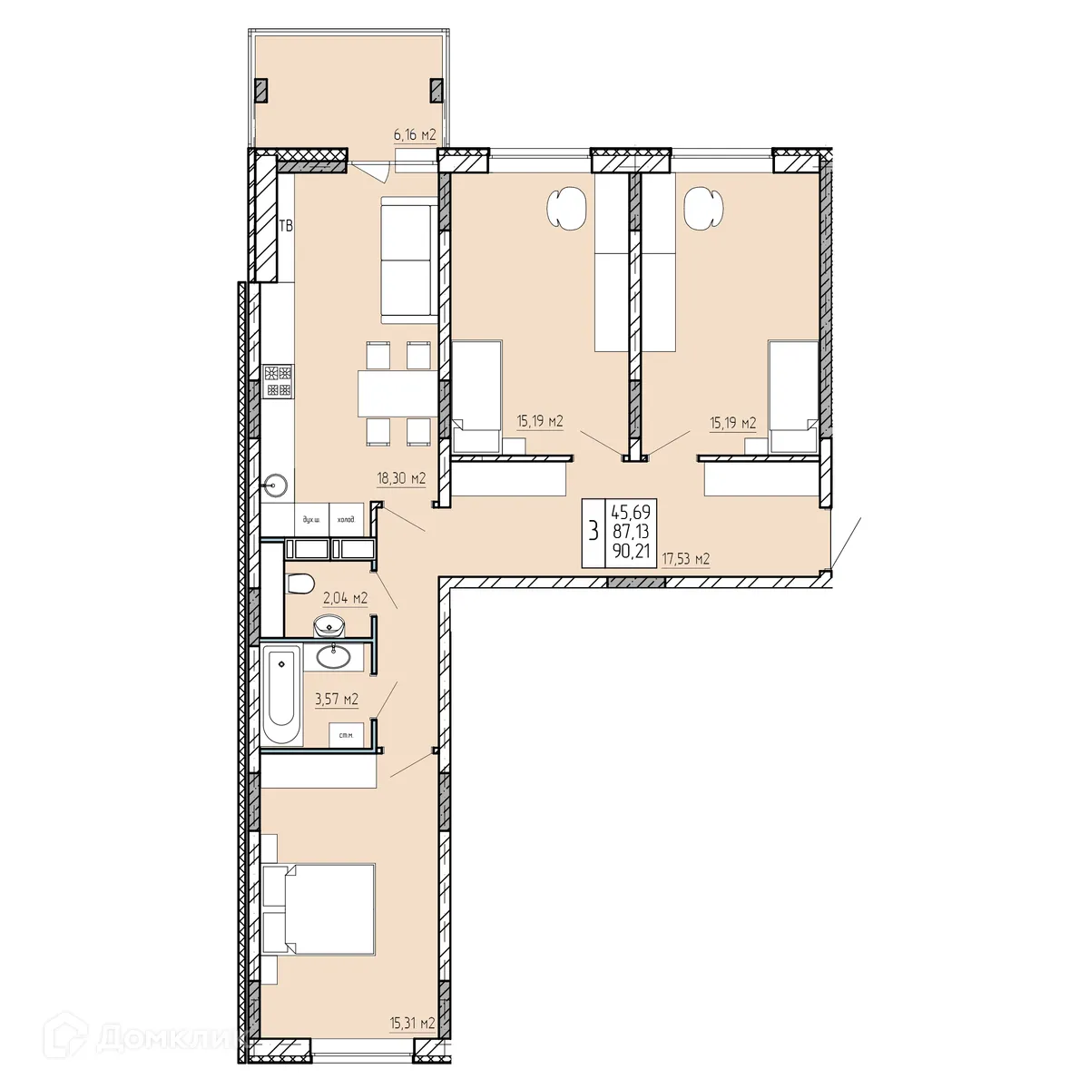 Планировка 3-комнатной квартиры 90.21 м² в ЖК "Поле Свободы", г. Калуга — фото 1