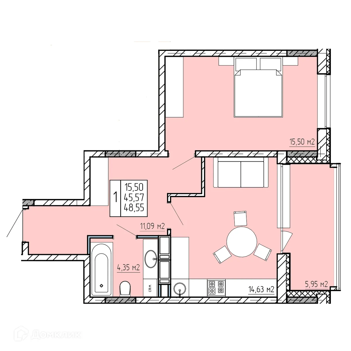 Планировка 1-комнатной квартиры 48.55 м² в ЖК "Поле Свободы", г. Калуга — фото 1