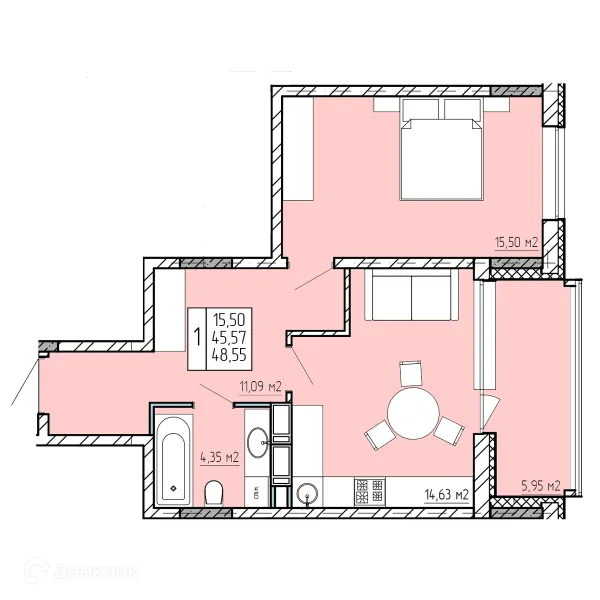 Планировка 1 комн. в ЖК "Поле Свободы"