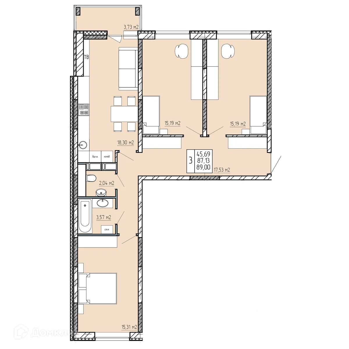 Планировка 3-комнатной квартиры 89 м² в ЖК "Поле Свободы", г. Калуга — фото 1