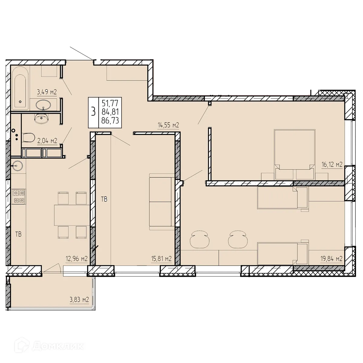 Планировка 3-комнатной квартиры 86.73 м² в ЖК "Поле Свободы", г. Калуга — фото 1