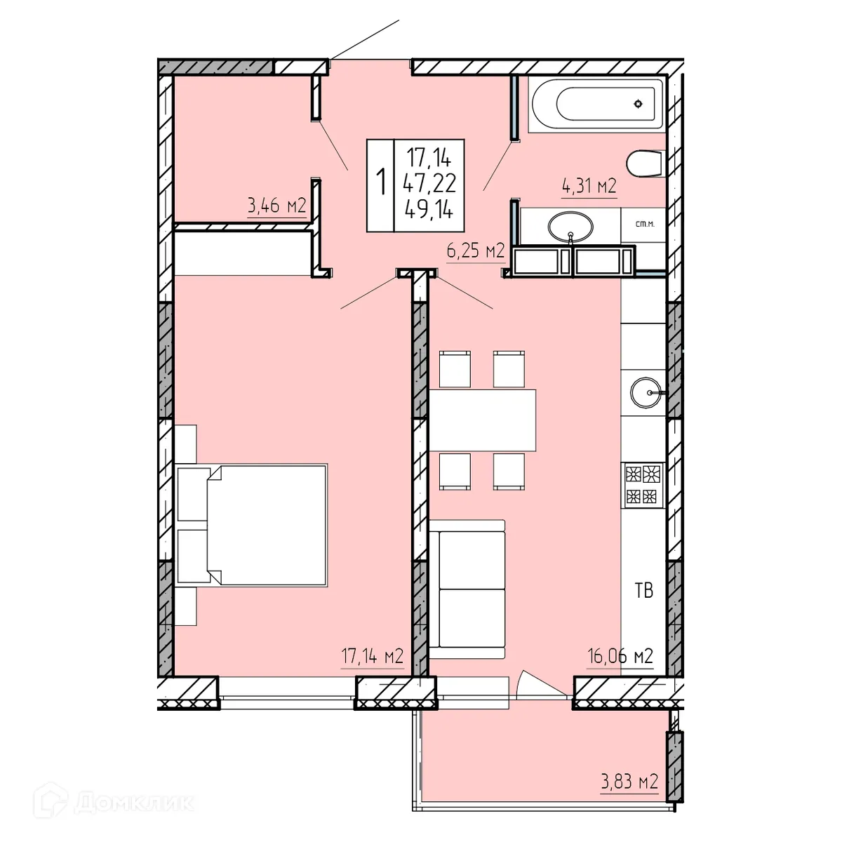 Планировка 1-комнатной квартиры 49.14 м² в ЖК "Поле Свободы", г. Калуга — фото 1