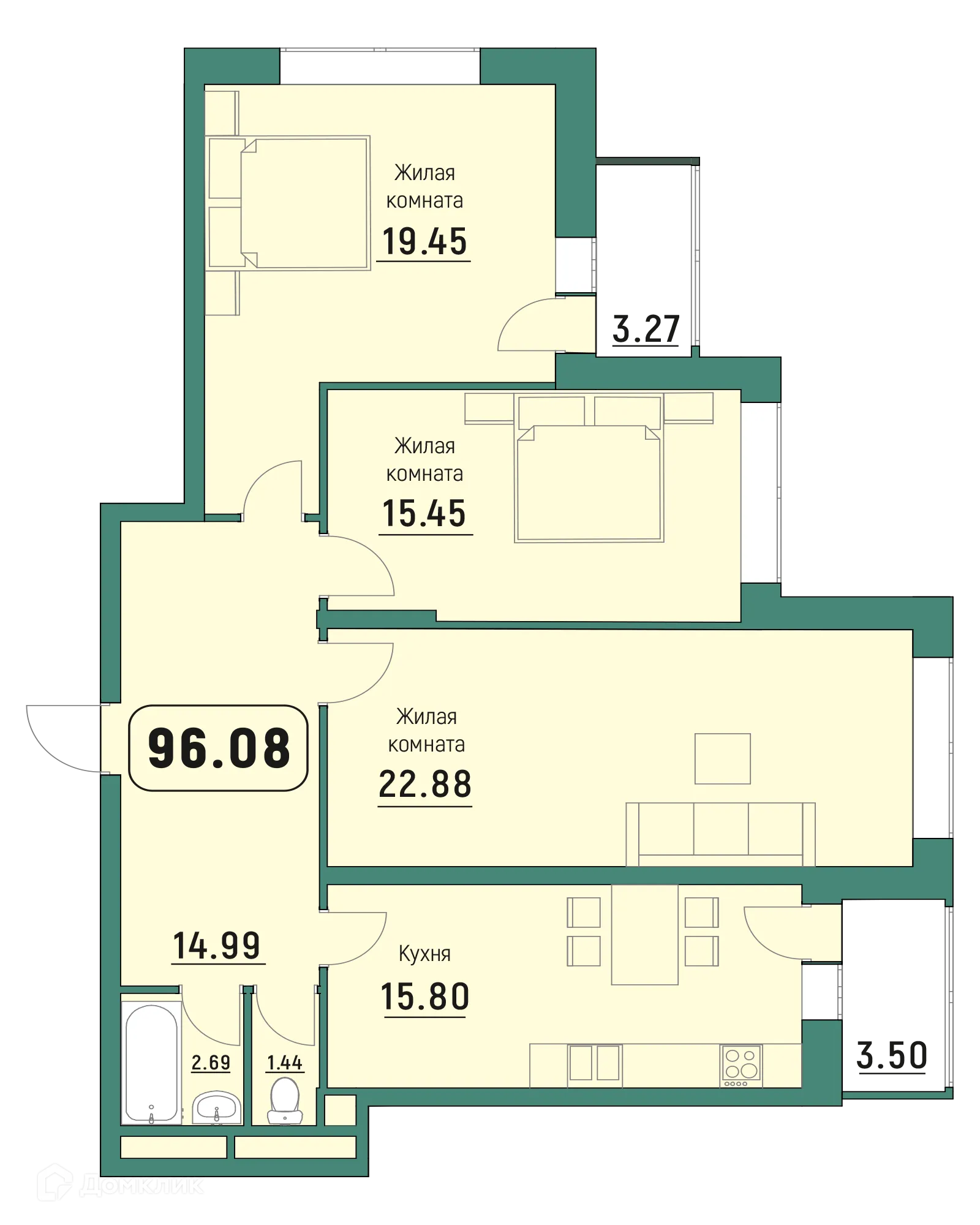 Планировка 3-комнатной квартиры 96.08 м² в ЖК "Куба", г. Калуга — фото 1