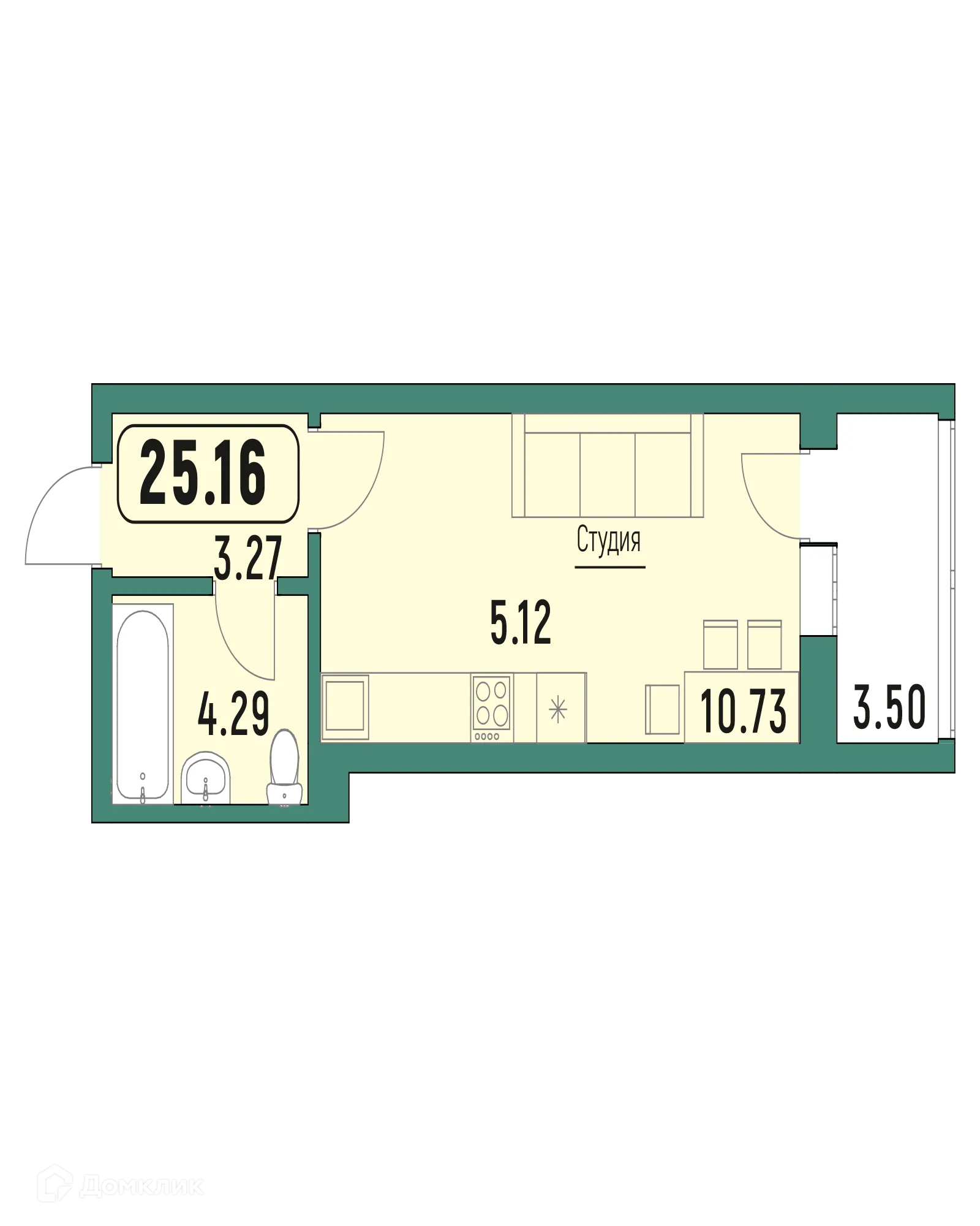 Планировка студии квартиры 25.16 м² в ЖК "Куба", г. Калуга — фото 1